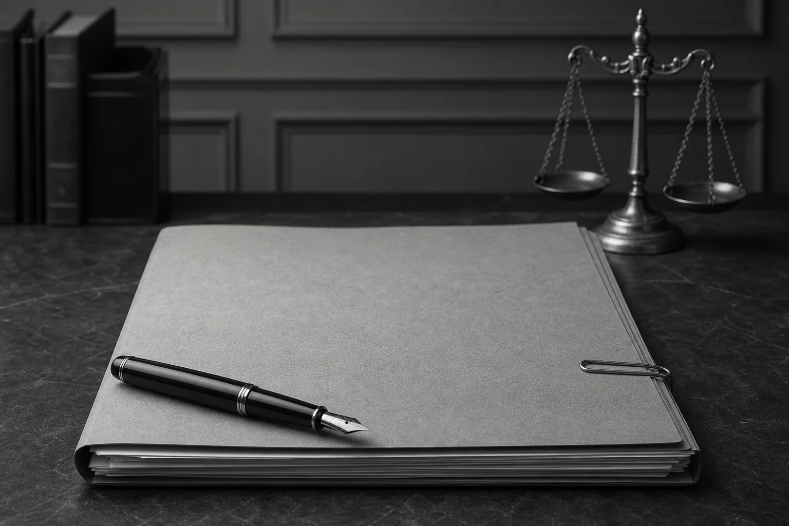 Court order folder with a fountain pen and justice scales